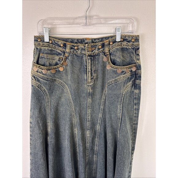 Jeanology Women's 8 Midi Embellished Denim Gored Full Skirt Blue EUC - Picture 5 of 11